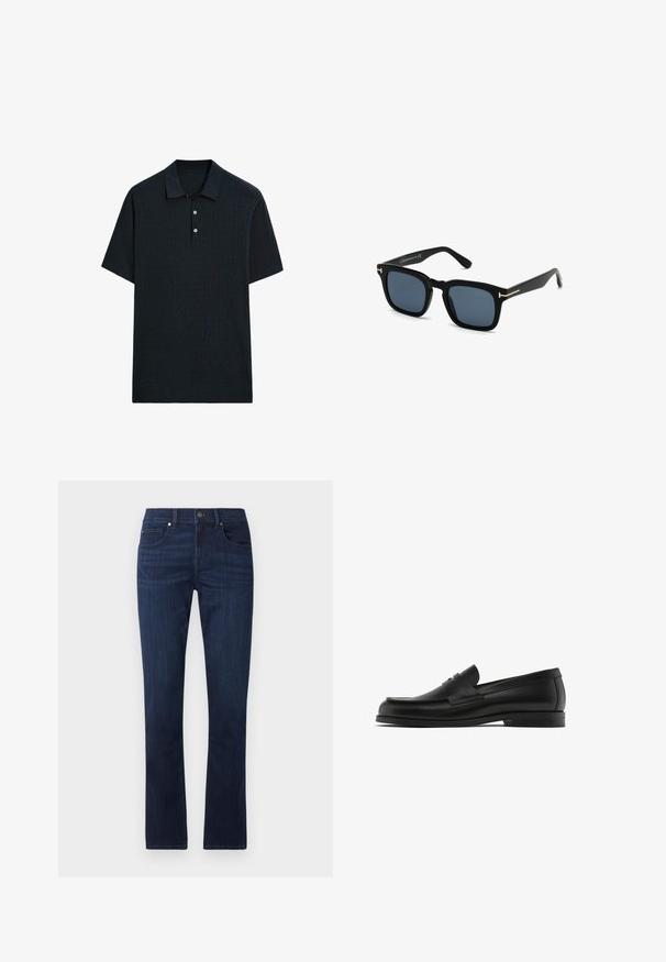 Polo shirt à manches courtes en maille texturée, de couleur bleu marine foncé, avec un col et un plastron à trois boutons, et un ourlet droit.; Jeans en denim bleu marine avec une coupe droite, dotés d'une fermeture à boutons et à zip à l'avant, et d'un style classique à cinq poches.; Mocassins en cuir noir avec un bout rond, des détails de couture et une sangle en cuir décorative sur le devant ; semelle en caoutchouc plate.; Lunettes de soleil carrées noires avec des verres sombres, finition mate et accents en métal doré sur les tempes, présentant un design minimaliste.