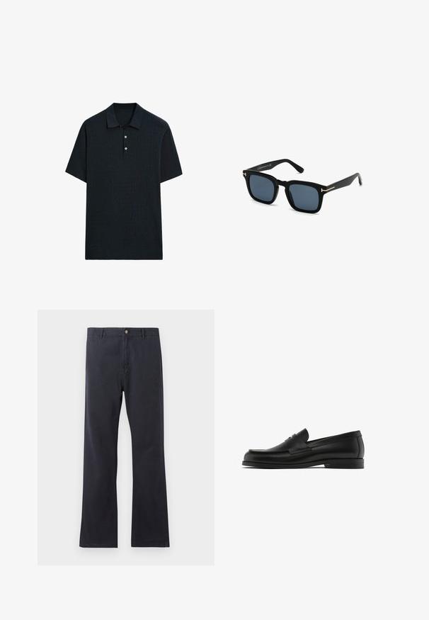 Polo shirt à manches courtes en maille texturée, de couleur bleu marine foncé, avec un col et un plastron à trois boutons, et un ourlet droit.; Chinos navy en mélange de coton, avec une coupe droite, une fermeture à glissière avec bouton et des passants de ceinture. Texture lisse avec un minimum de détails.; Mocassins en cuir noir avec un bout rond, des détails de couture et une sangle en cuir décorative sur le devant ; semelle en caoutchouc plate.; Lunettes de soleil carrées noires avec des verres sombres, finition mate et accents en métal doré sur les tempes, présentant un design minimaliste.