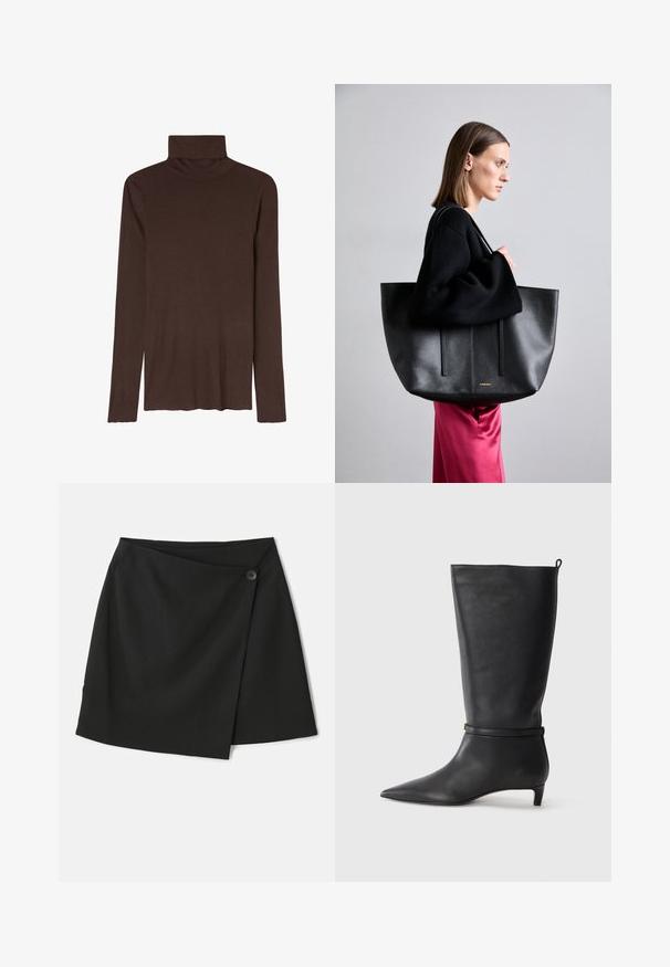 Top marrón de cuello alto con mangas largas, fabricado en un tejido suave. Presenta un cuello ajustado y un corte relajado, con un dobladillo recto en la parte inferior.; Falda negra envolvente con una textura de tela suave, diseño asimétrico y cierre de botón lateral para un toque adicional.; Bota de cuero negro hasta la rodilla con punta afilada, acentuada por una correa circular alrededor del tobillo y un tacón bajo y afilado. Textura suave.; Bolso tote de cuero negro con un acabado texturizado, que presenta dos líneas verticales, doble correa para el hombro y un diseño minimalista.