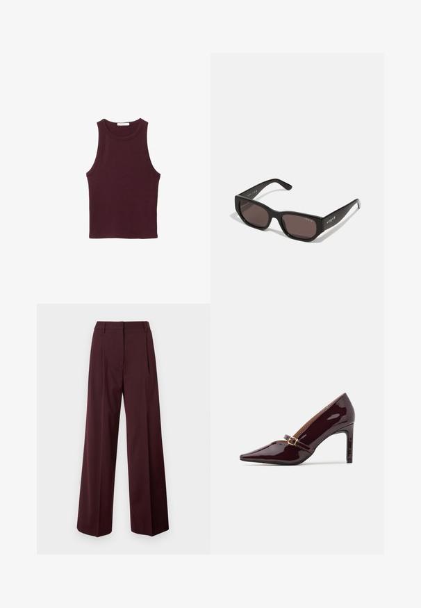 Kestenjasta bezrukavna majica od mekog pamučnog materijala. Ima okrugli izrez i prilagođeni kroj, pogodan za svakodnevno nošenje.; Hlače širokih nogavica u tamnocrvenoj boji s glatkom teksturom tkanine. Imaju struk koji prianja, prednje plisiranje i nema vidljivih kopči ili dugmadi.; Patent burgundska visoka potpetica s oštrim vrhom, remenom oko gležnja s zlatnim detaljima, i glatkom, sjajnom završnom obradom. Povišena stiletto potpetica.; Crna pravokutna sunčana naočala s tamnim lećama. Imaju glatki plastični okvir i detalj sa logom na sljepoočnici. Čist, moderan dizajn.; Bordo torbica napravljena od sintetičkog materijala sa strukturiranim dizajnom, koja ima odvojivi remen i cvjetni šal vezan za ručku.