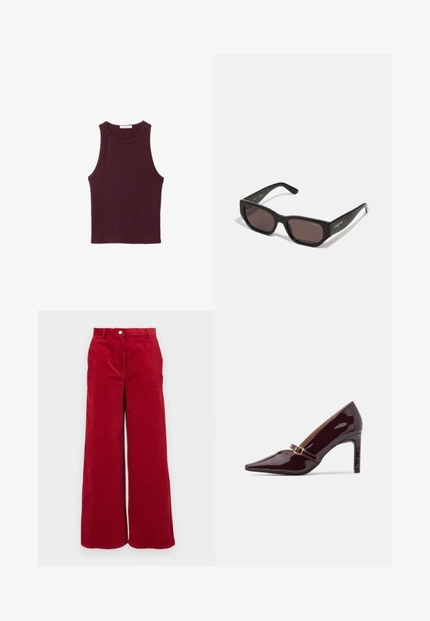 Kestenjasta bezrukavna majica od mekog pamučnog materijala. Ima okrugli izrez i prilagođeni kroj, pogodan za svakodnevno nošenje.; Crvene široke hlače od kordura s teksturiranim materijalom, koje imaju klasično dugme za zatvaranje i visoki struk. Glatka površina s vertikalnim rebrima.; Patent burgundska visoka potpetica s oštrim vrhom, remenom oko gležnja s zlatnim detaljima, i glatkom, sjajnom završnom obradom. Povišena stiletto potpetica.; Crna pravokutna sunčana naočala s tamnim lećama. Imaju glatki plastični okvir i detalj sa logom na sljepoočnici. Čist, moderan dizajn.; Bordo torbica napravljena od sintetičkog materijala sa strukturiranim dizajnom, koja ima odvojivi remen i cvjetni šal vezan za ručku.