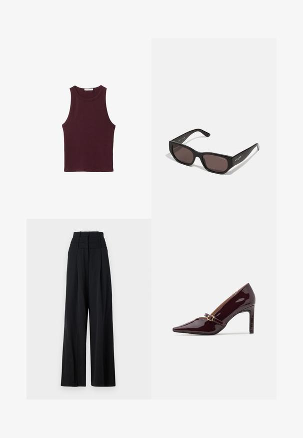 Bordeaux kleurige mouwloze tanktop gemaakt van zachte katoen. Heeft een ronde hals en een fitted ontwerp, geschikt voor casual draag.; Zwarte wide-leg broeken met een hoge taille, voorzien van plooien aan de voorkant en een gladde textuur. Geen zichtbare logo's of patronen.; Patente bordeaux hoge hak schoen met puntige neus, enkelsluitle met gouden hardware en een strakke, gepolijste afwerking. Verhoogde stiletto hak.; Zwarte rechthoekige zonnebril met donkere lenzen. Heeft een gladde kunststof montuur en logo-detail op de tempel. Strak, modern ontwerp.; Bordeaux handtas van synthetisch materiaal met een gestructureerd ontwerp, voorzien van een afneembare schouderband en een met bloemenpatroon versierde sjaal die aan het handvat is geknoopt.