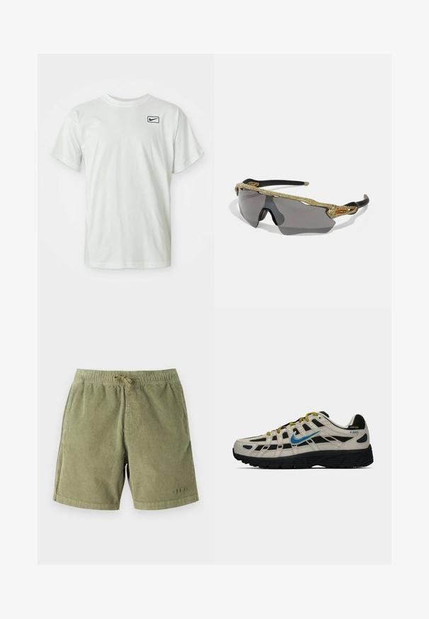 White cotton T-shirt with short sleeves, featuring a navy Nike logo embroidered on the left chest. Standard crew neck design.; Light green corduroy shorts with an elastic waistband and drawstring. Features side pockets and subtle stitching details.; Beige and black Nike P-6000 sneaker with blue swoosh, yellow laces, black sole, and Cordura fabric label on the heel.; Sport sunglasses with a green patterned frame, black arms, and gray lenses. The design features a wraparound style with a bold, sporty shape.