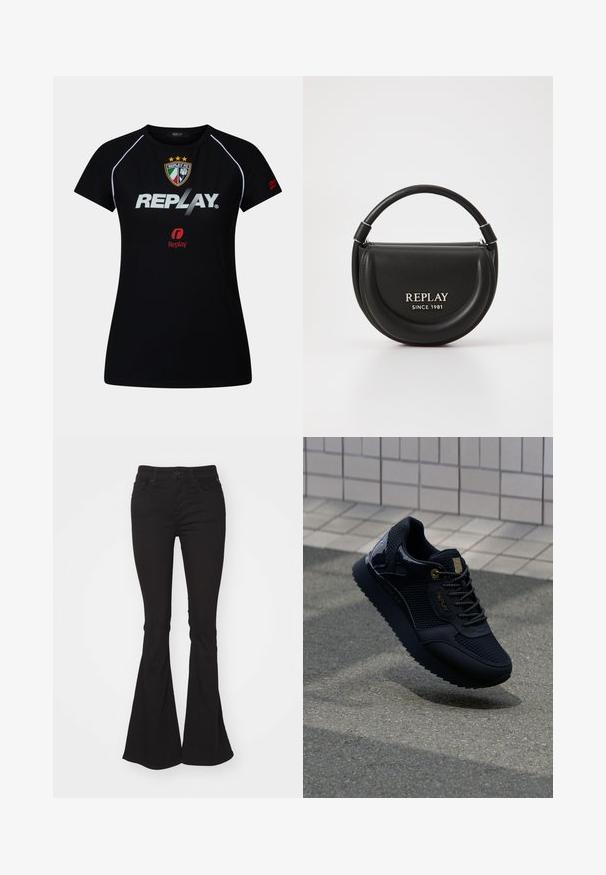 Cămașă sport neagră cu mâneci scurte, cu împănare albă, emblema Replay FC, text mare alb "REPLAY" și un logo mic roșu Replay pe piept și pe mânecă.; Jeans negre evazați cu talie înaltă, având închidere standard cu nasture și fermoar, două buzunare frontale și un material ușor texturat.; Adidași negri cu un material mesh, accente lucioase, detalii din metal auriu, talpă texturată și un guler căptușit pentru confort.; Geantă de umăr din piele neagră cu o formă circulară, mânerele de sus și detalii din metal argintiu. Prezintă logo-ul "REPLAY SINCE 1981" pe față.