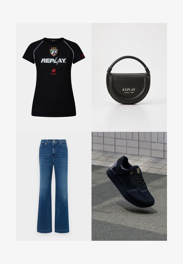 Črna športna majica s kratkimi rokavi z belimi obrobami, grb Replay FC, velik bel napis "REPLAY" ter majhen rdeč logotip Replay na prsih in rokavu.; Modri traper široke hlače z visoko pasom, petimi žepi in klasičnim gumbom za zapiranje. Tkanina ima mehak, rahlo zbledel izgled.; Črne teniske z mrežasto zgornjim delom, sijajnimi detajli, zlatimi dodatki, teksturiranim podplatom in oblazinjenim ovratnikom za udobje.; Črna usnjena torbica krožne oblike, s top ročajem in srebrnimi okovji. Na sprednji strani se nahaja logo "REPLAY SINCE 1981".