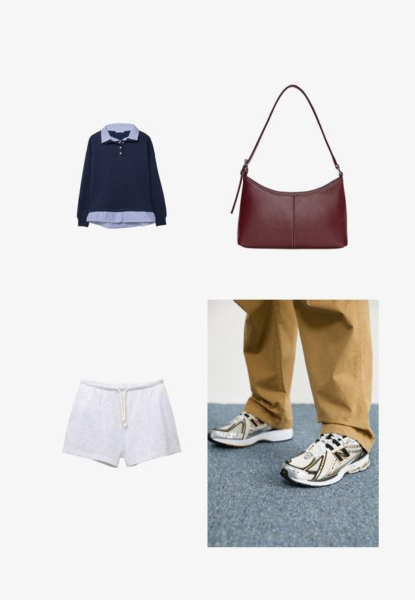 Marineblaue Sweatjacke mit darunter liegender gestreifter blauer Kragenlage, die drei Knöpfe am Hals und gerippte Bündchen aufweist.; Graue Baumwollshorts mit elastischem Bund und Kordelzug. Glatte Textur und einfaches Design, ohne Muster oder Akzente.; Weiße und silberne New Balance Sneaker mit schwarzen Akzenten und Schnürsenkeln, ausgestattet mit einem Mesh-Obermaterial, gepolsterten Sohlen und dynamischem Design.; Bordeauxfarbene Ledertasche mit geschwungener Form, einem einzigen Schulterriemen und gesteppten Details in der Mitte. Glatte Textur, minimales Zubehör.