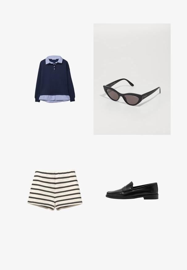 Marinblå sweatshirt med ett randigt blått krageunderlag, som har tre knappar vid halsen och ribbade mudd.; Randiga shorts i ljusbeige och mörkgrå, med en strukturerad väv och en åtsittande design. Avslutade med matchande tyg vid fållen.; Mango Slip-ins - black; Kattögon-solglasögon med matt svart ram och mörka linser, med "vogue"-logotyp på sidan och en distinkt vinklad form.