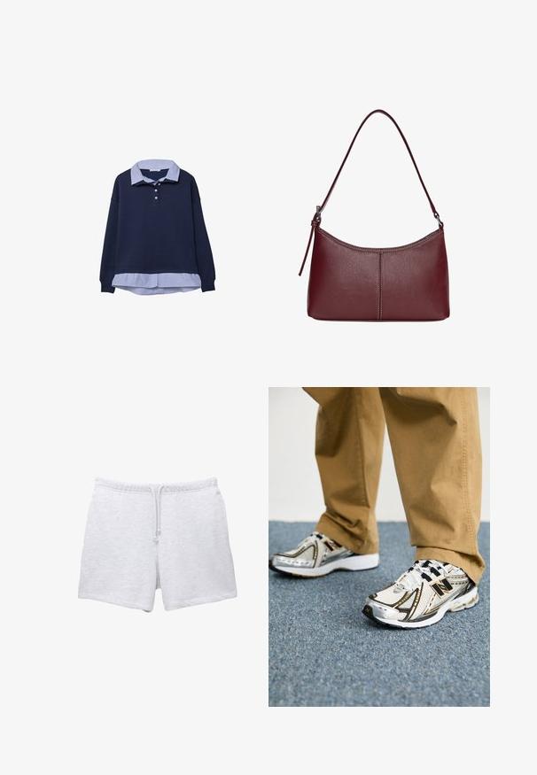 Marinblå sweatshirt med ett randigt blått krageunderlag, som har tre knappar vid halsen och ribbade mudd.; Ljust grå bomullsshorts med elastisk midjeband och dragsko. Har en mjuk texture och rakt snitt utan synliga mönster.; Vita och silver New Balance-sneakers med svarta accentfärger och snören, utrustade med ett mesh-övre, dämpad sula och dynamisk design.; Vinröd läderhandväska med en böjd form, en enkel axelrem och sömnadsdetaljer i mitten. Slät textur, minimal hårdvara.