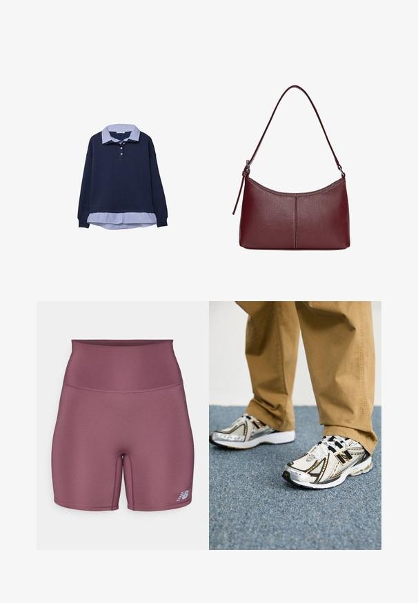 Mornarska dukserica s plavim prugastim ovratnikom ispod, koja ima tri dugmeta na vratu i rebraste rukave.; Visoke sportske šortse u prigušenoj ljubičastoj boji, s glatkom, rastezljivom tkaninom i malim logom na donjoj lijevoj nozi.; Bijele i srebrne patike New Balance s crnim naglasima i vezicama, s mrežastim gornjim dijelom, uloškom s amortizacijom i dinamičnim dizajnom.; Bordo kožna torba s zakrivljenim oblikom, jednim remenom za rame i šivenim detaljima na sredini. Glatka tekstura, minimalni dodaci.