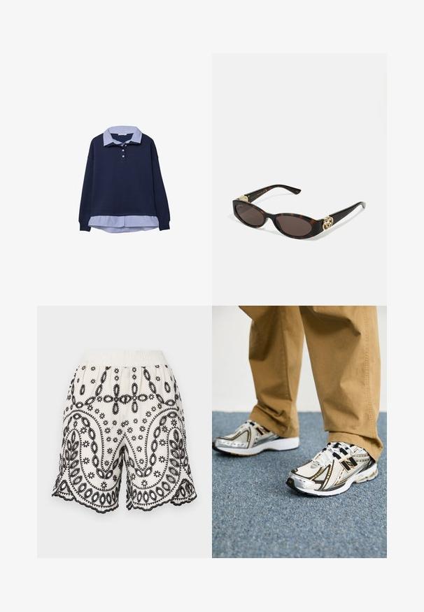 Marineblaue Sweatjacke mit darunter liegender gestreifter blauer Kragenlage, die drei Knöpfe am Hals und gerippte Bündchen aufweist.; Weiße Stoffshorts mit kunstvoller schwarzer Stickerei, die florale und Paisley-Muster zeigt, mit elastischem Bund und gewellten Kanten.; Weiße und silberne New Balance Sneaker mit schwarzen Akzenten und Schnürsenkeln, ausgestattet mit einem Mesh-Obermaterial, gepolsterten Sohlen und dynamischem Design.; Schildpatt-Sonnenbrille mit länglich-ovalen Gläsern, braunem Farbton, goldenen Logo-Akzenten an den Bügeln und schlanken schwarzen Bügeln.