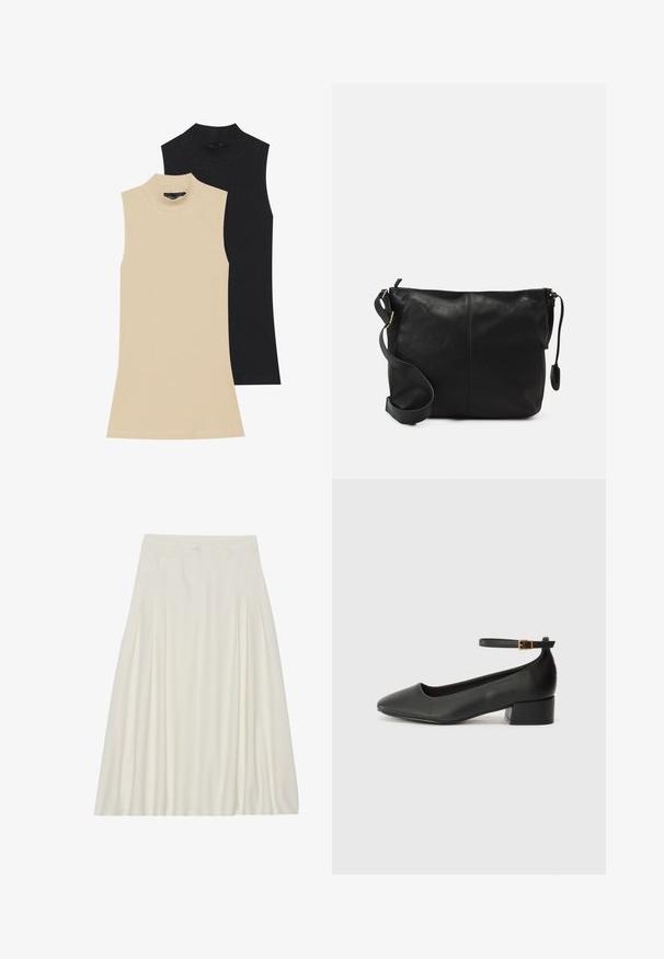 Two sleeveless ribbed turtlenecks: one beige, one black. Both feature a fitted design and high neckline with visible stitching details.; White, knee-length skirt made of lightweight fabric featuring pleats, a waistband with a button closure, and side pockets.; Black leather pump with a pointed toe and a low block heel. Features an ankle strap with a gold-tone buckle. Smooth texture.; Black leather crossbody bag with a flat shape, gold hardware accents, and an adjustable strap. Smooth texture with minimal stitching details.