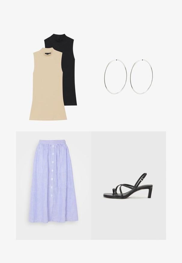 Divi bezpiedurkļu riboti turtlenuki: viens bēšs, otrs melns. Abi ir ar pieguļošu dizainu un augstu apkakli, kā arī redzamām šuvju detaļām.; Gaiši zilas un baltas svītrainas svārki, vidēja garuma, ar kropļotu jostu, pogu priekšpusi un nenozīmīgu struktūru.; Melnas strappy sandales ar kvadrātveida purngaliem un zemu bloku papēdi. Ievērojamas ar vairākiem plāniem siksniņām un regulējamu potītes siksniņu. Izgatavotas no gludas ādas.; Sudraba riņķa auskari ar gludu, apaļu dizainu un pulētu apdari. Tie ir plāni un viegli, ar vienkāršu aizdari.