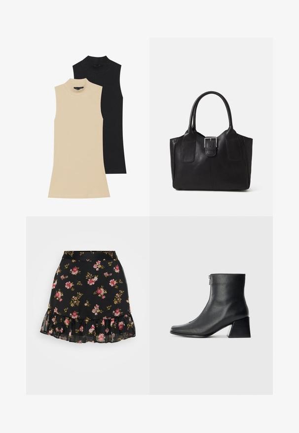 Dva bezrukavnih rebrastih rolaka: jedan bež, a drugi crn. Obojica imaju uski kroj i visoki ovratnik s vidljivim detaljima šavova.; Crna cvjetna suknja s volanima. Ima uzorak ružičastih i žutih cvjetova na prozirnom materijalu. Lagani i prilagođeni dizajn.; Crne kožne gležnjače sa četvrtastim vrhom, bočnim patentnim zatvaračem i blok petom na jednostavnoj svijetloj pozadini.; Crna kožna torba za nošenje s glatkom teksturom, strukturiranim oblikom, dvije ručke i istaknutim srebrnim kopčanjem na prednjoj strani.