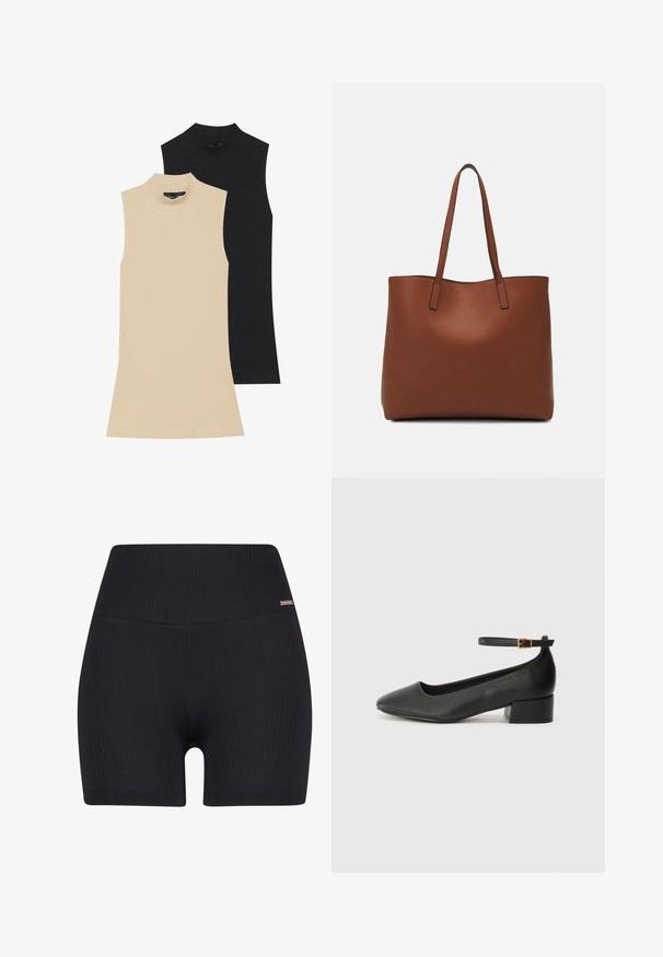 Dve brezrokavne rebraste turtleneke: ena bež, ena črna. Obe imata prilegajoč dizajn in visok vrat z vidnimi šivi.; Črne rebraste kratke hlače z visokim pasom in gladko teksturo. Oblikovanje vključuje subtilen poudarek blagovne znamke na pasu.; Črne usnjene pumpice z nazobčanimi prsti in nizko blokasto peto. Imajo trak okoli gležnja z zaponko v zlatem tonu. Gladka tekstura.; Rjava usnjena torba z gladko teksturo, odprto zasnovo zgoraj in dvema naramnima trakovoma. Opremljena je z minimalnim šivanjem in brez vidnih kovinskih delov.