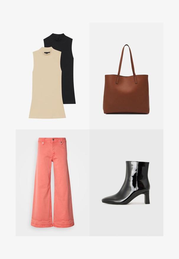 Dois golas altas sem mangas em ribana: um bege, outro preto. Ambos apresentam um design ajustado e um decote alto com detalhes de costura visíveis.; Calças largas corais feitas de algodão, com cinco bolsos, peças de metal e um acabamento limpo nas bainhas. Apresenta um clássico fecho de botão e zip.; Botim de tornozelo em pele sintética preta com bico apontado e salto bloco de altura média. Textura suave e design minimalista.; Bolsa tote de couro castanho com uma textura suave, design de abertura superior e duas alças para o ombro. Apresenta costura mínima e sem hardware visível.