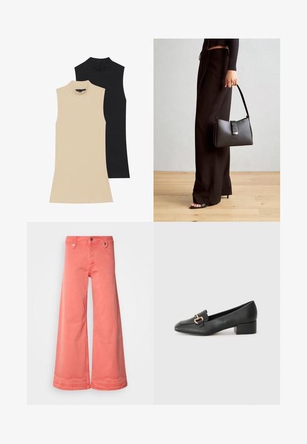 Două pulovere fără mâneci, cu guler înalt din material ribatat: unul bej și unul negru. Ambele au un design ajustat și un guler înalt, cu detalii de cusătură vizibile.; Pantaloni largi corali din bumbac, cu cinci buzunare, accesorii din metal și un finisaj curat la tivuri. Prezentând un sistem clasic de închidere cu buton și fermoar.; Loaferi negri din piele, cu toc plat, având un detaliu decorativ din hardware auriu în față și o textură netedă.; Genți negre cu o formă structurată, textură netedă și un închizător metalic. Asortată cu pantaloni negri largi și sandale cu vârf deschis pe un podea din lemn.
