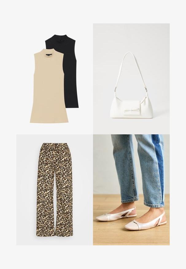 Kaks ilma varrukat ribadega kõrge kaelusega särki: üks beež ja teine must. Mõlemad on vist veidi keha ligi ja neil on kõrge kaelus koos nähtavate õmblustega.; Leopardimustriga laiad püksid elastse vöökoha ja nööriga. Omab beeži tausta pruuni ja musta täppidega.; Kahvatu roosa slingback lapikute jalatsite paar, millel on terav varvas, valmistatud siledast nahataolisest materjalist. Omab külgedel lõikekohti ja lapikut kontsa.; Valge sünteetilisest materjalist kott kolmnurkse kujuga, lame esiklapiga ja kaaredetailiga, reguleeritava rihmaga, sileda tekstuuriga ja minimalistliku disainiga.