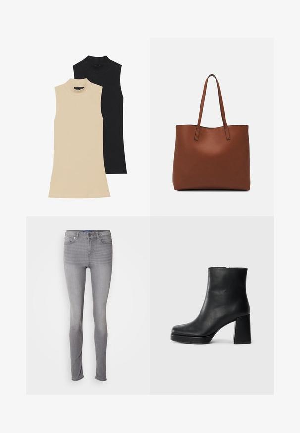 Dois golas altas sem mangas em ribana: um bege, outro preto. Ambos apresentam um design ajustado e um decote alto com detalhes de costura visíveis.; Calças skinny cinzentas, material de denim, design de cinco bolsos, passantes para cinto, fecho frontal com botão e padrão ligeiro de desvanecimento nas pernas.; Bota de couro preta até ao tornozelo com salto bloco e sola com plataforma, vista de lado sobre um fundo branco liso.; Bolsa tote de couro castanho com uma textura suave, design de abertura superior e duas alças para o ombro. Apresenta costura mínima e sem hardware visível.