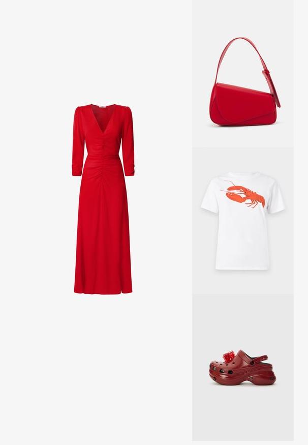 Hvid bomulds t-shirt med et stort, klart rødt hummerprint på forsiden. Korte ærmer og standard rund halsdesign.; Rød kjole med V-udskæring, trekvartlange ærmer og draperet detaljering i livet og på ryggen. Stoffet ser glat og let ud.; Rød plastikklip med ventilationshuller, hævet hæl og en blomsterdekoration ovenpå. Har en bagrem og teksturerede sider.; Rød læderhåndtaske med et kantet, geometrisk design. Har en enkelt justerbar rem og en klaplukning med syede detaljer.