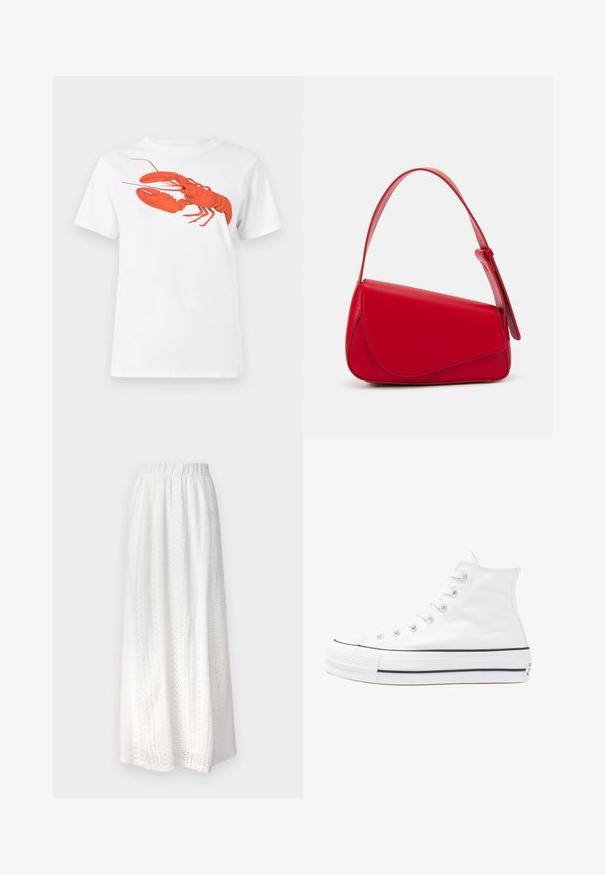 T-shirt en coton blanc avec un grand graphisme de homard rouge vif sur le devant. Manches courtes et design à col rond standard.; Jupe maxi blanche en tissu texturé avec des motifs découpés, une taille élastique et un design fluide.; Baskets montantes en toile blanche avec semelle en caoutchouc noir, capuchon en caoutchouc à l'avant, et six œillets pour les lacets, présentant un design épuré et minimaliste.; Sac à main en cuir rouge avec un design angulaire et géométrique. Il dispose d'une seule sangle ajustable et d'une fermeture à rabat avec un detailing cousu.