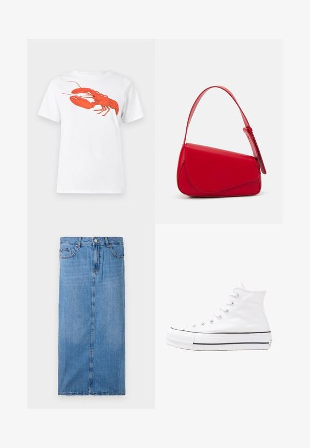 Hvit bomull t-skjorte med et stort, lyst rødt hummermotiv på fronten. Korte ermer og standard rund hals-design.; Denim midi skjørt i lys blå, med rett silhuett, front søm og standard liv med fem belteholdere og metallknapp-lukking.; Hvit høy-skinn kanvas sneakers med svart gummisåle, gummitåhette foran og seks hull for snorer, med et rent, minimalistisk design.; Rød lærveske med en vinklet, geometrisk design. Har en enkelt justerbar stropp og en klaffelukking med sydd detaljer.