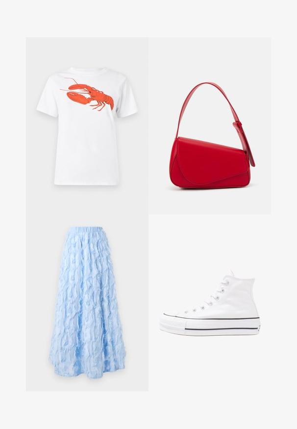 Hvit bomull t-skjorte med et stort, lyst rødt hummermotiv på fronten. Korte ermer og standard rund hals-design.; Lyseblå midi-skirt laget av lagdelt, teksturert stoff med frynse-detajer, som har elastisk midje og en flytende silhuett.; Hvit høy-skinn kanvas sneakers med svart gummisåle, gummitåhette foran og seks hull for snorer, med et rent, minimalistisk design.; Rød lærveske med en vinklet, geometrisk design. Har en enkelt justerbar stropp og en klaffelukking med sydd detaljer.