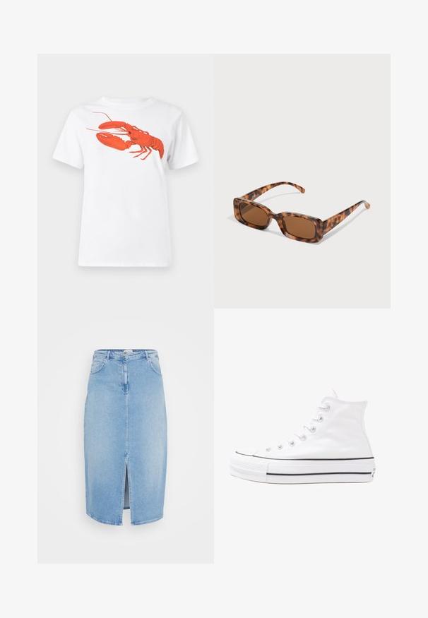Camiseta de algodão branca com um grande gráfico de lagosta vermelha brilhante na frente. Mangas curtas e design de gola redonda padrão.; Saia de ganga azul clara com corte reto, comprimento intermédio, fenda frontal, cinco bolsos e detalhe de botão de metal na cintura.; Sapatilha alta de tela branca com sola de borracha preta, bico de borracha na frente e seis ilhós para os atacadores, apresentando um design limpo e minimalista.; Uns óculos de sol de padrão tartaruga com lentes retangulares castanhas, uma armação grossa e hastes finas com um padrão de diferentes tons de castanho.; Bolsa de mão em couro vermelho com um design angular e geométrico. Apresenta uma única alça ajustável e um fecho com aba, com detalhes cosidos.