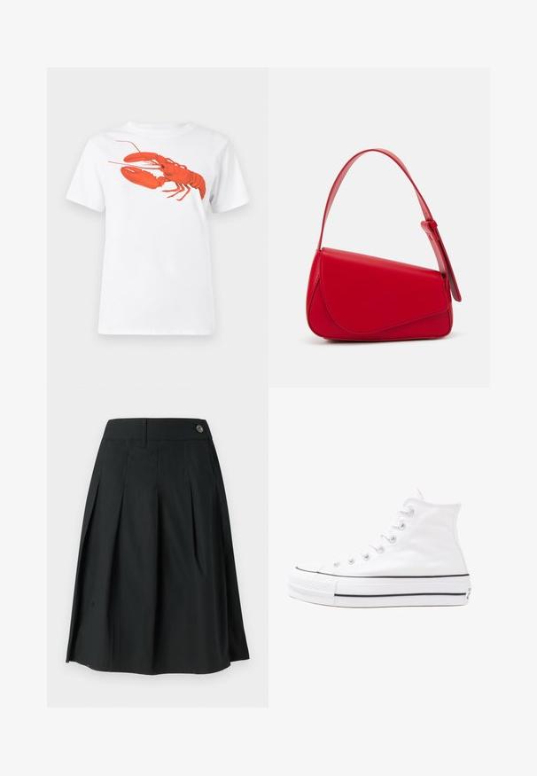T-shirt bianca in cotone con una grande grafica di aragosta rossa brillante sul davanti. Maniche corte e design con colletto rotondo standard.; Gonna plissettata nera realizzata in tessuto leggero, con chiusura a bottone, texture liscia e forma a A.; Sneaker alta in tela bianca con suola in gomma nera, punta in gomma frontale e sei asole per i lacci, caratterizzata da un design pulito e minimalista.; Borsa a tracolla in pelle rossa con un design angolare e geometrico. Presenta una singola tracolla regolabile e una chiusura a patta con dettagli cuciti.