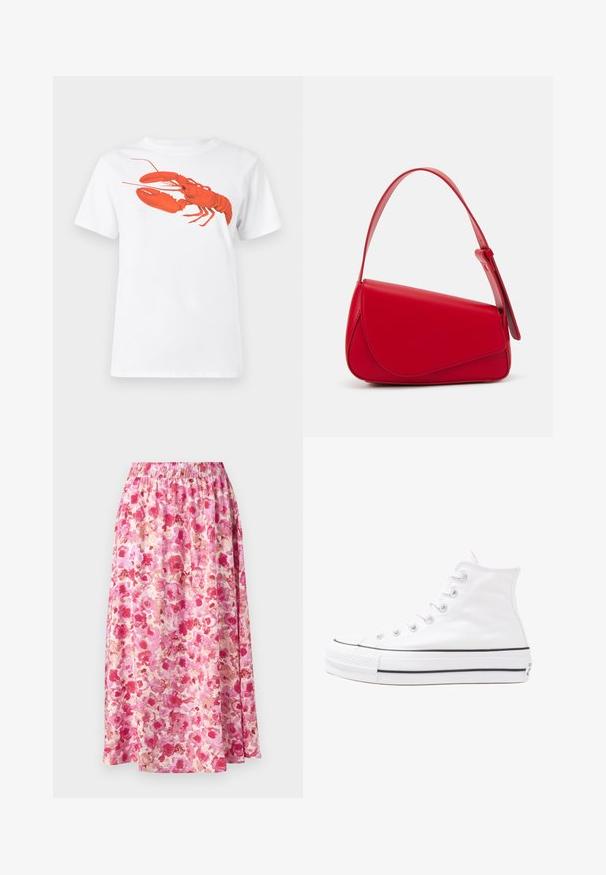 Hvit bomull t-skjorte med et stort, lyst rødt hummermotiv på fronten. Korte ermer og standard rund hals-design.; Blomstrete maxiskjørt med innsamlet midje. Har et lyst rosa og kremfarget blomsterdesign på lett stoff.; Hvit høy-skinn kanvas sneakers med svart gummisåle, gummitåhette foran og seks hull for snorer, med et rent, minimalistisk design.; Rød lærveske med en vinklet, geometrisk design. Har en enkelt justerbar stropp og en klaffelukking med sydd detaljer.
