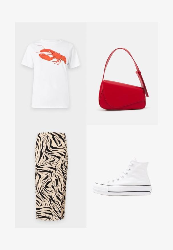 T-shirt en coton blanc avec un grand graphisme de homard rouge vif sur le devant. Manches courtes et design à col rond standard.; Jupe beige mi-longue avec un motif zèbre noir. Elle présente des détails froncés sur le côté et un tissu texturé.; Baskets montantes en toile blanche avec semelle en caoutchouc noir, capuchon en caoutchouc à l'avant, et six œillets pour les lacets, présentant un design épuré et minimaliste.; Sac à main en cuir rouge avec un design angulaire et géométrique. Il dispose d'une seule sangle ajustable et d'une fermeture à rabat avec un detailing cousu.