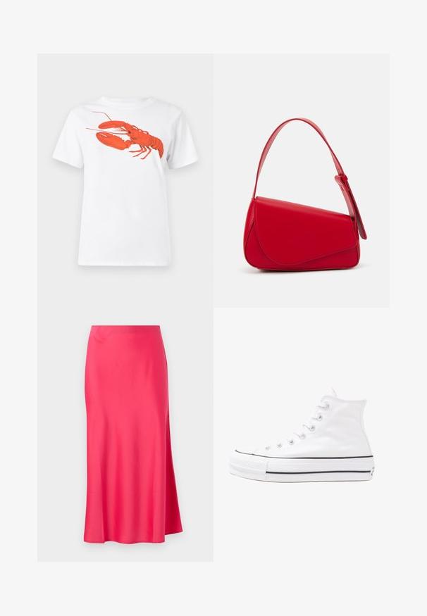 Biała bawełniana koszulka z dużą, jasnoczerwoną grafiką homara na przodzie. Krótkie rękawy i standardowy okrągły dekolt.; Sukienka midi z satyny w jaskrawym różu z bocznym rozcięciem. Gładka tekstura, prosta sylwetka i prosty pas bez zdobień.; Białe wysokie trampki z płótna z czarną gumową podeszwą, przednim czubkiem z gumy i sześcioma dziurkami na sznurowadła, charakteryzujące się prostym, minimalistycznym designem.; Czerwona skórzana torebka o kanciastym, geometrycznym designie. Posiada jedną regulowaną rączkę oraz zapięcie na klapę z przeszyciami.