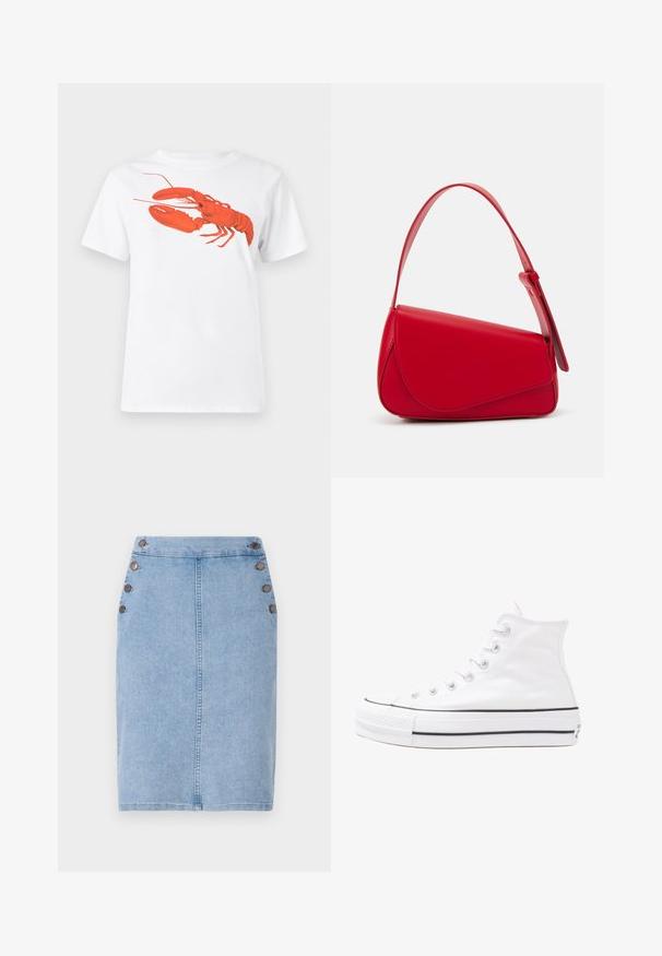 Hvit bomull t-skjorte med et stort, lyst rødt hummermotiv på fronten. Korte ermer og standard rund hals-design.; Denim skjørt i lyseblått, tettsittende silhuett, med en søm foran og fem brune knapper på venstre side for detaljer. Glatt tekstur.; Hvit høy-skinn kanvas sneakers med svart gummisåle, gummitåhette foran og seks hull for snorer, med et rent, minimalistisk design.; Rød lærveske med en vinklet, geometrisk design. Har en enkelt justerbar stropp og en klaffelukking med sydd detaljer.