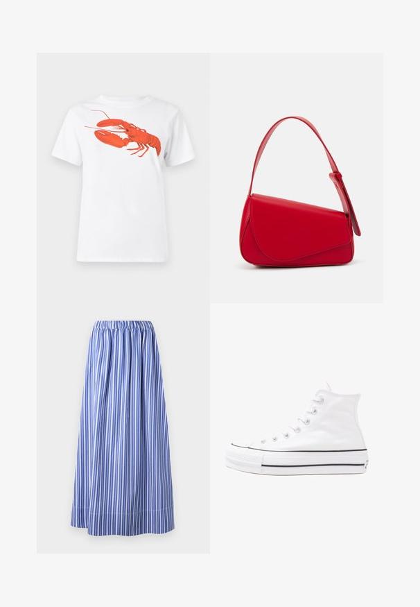 Fehér pamut póló, amelyen elöl egy nagy, élénkpiros homár grafika látható. Rövid ujjú és standard környakú kialakítás.; Kék és fehér csíkos szoknya rugalmas derékkal, térd középig érő, könnyű anyagból készült, függőleges csíkokkal és bővülő kialakítással.; Fehér magaskorsó vászon sportcipő fekete gumi talppal, elülső gumi orrnyereggel és hat fűzőlyukkal, letisztult, minimalista dizájnnal.; Piros bőr kézitáska szögletes, geometrikus kialakítással. Egy állítható pánttal és varrott részletekkel ellátott fedélzárral rendelkezik.