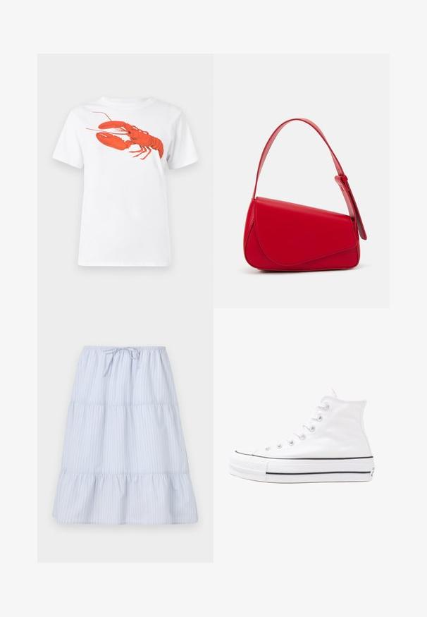 Balta kokvilnas T-krekls ar lielu, spilgti sarkanu omāru grafiku uz priekšu. Īsas piedurknes un standarta apļveida kakla dizains.; Gaiši zils kārtots svārku kleita ar baltām vertikālām svītrām, elastīga josta ar saišu, mīksts audums un viļņota apakša.; Balti augstie kanvas sporta apavi ar melnu gumijas zoli, priekšējo gumijas purngalu un sešām acīm lencēm, kuriem ir tīrs, minimālistisks dizains.; Sarkans ādas rokassomi ar stūrainu, ģeometrisku dizainu. Iekļauj vienu regulējamu siksnu un vāku ar izšūtu detaļu.