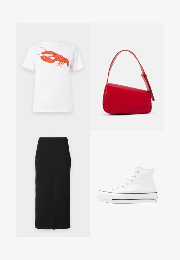 T-shirt en coton blanc avec un grand graphisme de homard rouge vif sur le devant. Manches courtes et design à col rond standard.; Jupe midi noire en tissu doux et extensible avec une silhouette droite, dotée de poches latérales et d'un détail de couture centrale.; Baskets montantes en toile blanche avec semelle en caoutchouc noir, capuchon en caoutchouc à l'avant, et six œillets pour les lacets, présentant un design épuré et minimaliste.; Sac à main en cuir rouge avec un design angulaire et géométrique. Il dispose d'une seule sangle ajustable et d'une fermeture à rabat avec un detailing cousu.