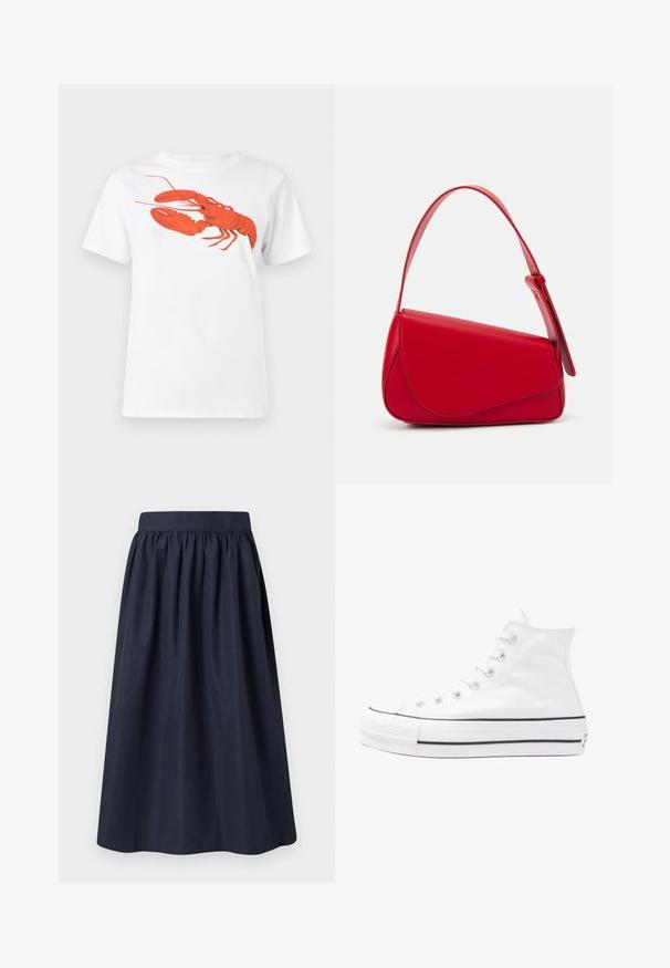 Tricou alb din bumbac, cu un grafic mare, viu colorat de homar roșu pe față. Mâneci scurte și un guler standard de tip crew neck.; Fustă din bumbac bleu marin cu talie strânsă, formă A-line fluidă și textură netedă. Fără modele sau detalii din metal vizibile.; Adidași albi tip pantofi sport cu glezna din pânză, cu talpă din cauciuc negru, capac de vârf din cauciuc frontal și șase ochiuri pentru șireturi, având un design curat și minimalist.; Geantă de mână din piele roșie, cu un design unghiular și geometric. Dispune de o singură curea ajustabilă și un sistem de închidere cu clapetă, cu detalii cusute.