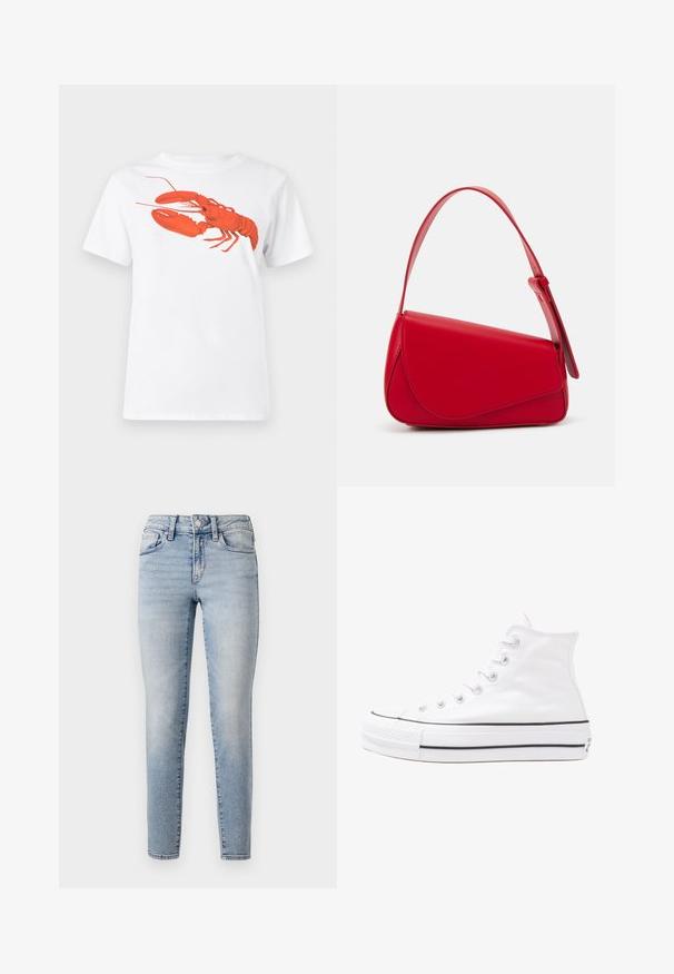 Hvit bomull t-skjorte med et stort, lyst rødt hummermotiv på fronten. Korte ermer og standard rund hals-design.; Lyseblå denimjeans med slim fit, som har fem lommer, frontlukking med knapper og subtile falminger langs beina.; Hvit høy-skinn kanvas sneakers med svart gummisåle, gummitåhette foran og seks hull for snorer, med et rent, minimalistisk design.; Rød lærveske med en vinklet, geometrisk design. Har en enkelt justerbar stropp og en klaffelukking med sydd detaljer.