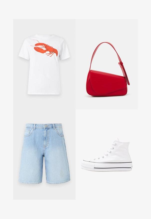 White cotton t-shirt featuring a large, bright red lobster graphic on the front. Short sleeves and standard crew neck design.; Light blue denim shorts with a straight leg cut, five pockets, and top button closure. Faded wash with visible stitching details.; White high-top canvas sneaker with black rubber sole, front rubber toe cap, and six eyelets for laces, featuring a clean, minimalist design.; Red leather handbag with an angular, geometric design. Features a single adjustable strap and a flap closure with stitched detailing.
