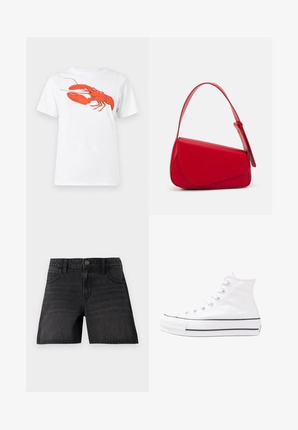 Bela bomba iz bombaža z velikim, svetlo rdečim grafikonom jastreba na sprednji strani. Kratki rokavi in standarden kroj s okroglim izrezom.; Črne jeans kratke hlače klasičnega kroja, ki imajo pet žepov, gumbasto zapiranje in subtilno zbledelost v teksturi blaga.; Beli visoki platneni športni čevelj z črnim gumijastim podplatom, sprednjim gumijastim zaščitnikom za prste in šestimi luknjicami za vezalke, ki se ponaša s preprostim, minimalističnim dizajnom.; Rdeča usnjena torba z angularnim, geometrijskim dizajnom. Ima en samostoječ nastavljiv ročaj in pokrov, zaprt z zapiranjem, ki je okrašen s šivi.