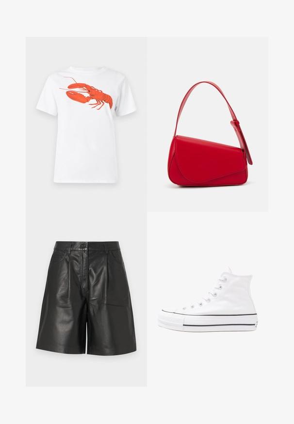 White cotton t-shirt featuring a large, bright red lobster graphic on the front. Short sleeves and standard crew neck design.; Black leather shorts with a smooth texture, featuring a front button closure, two pockets, and tailored straight-cut design.; White high-top canvas sneaker with black rubber sole, front rubber toe cap, and six eyelets for laces, featuring a clean, minimalist design.; Red leather handbag with an angular, geometric design. Features a single adjustable strap and a flap closure with stitched detailing.