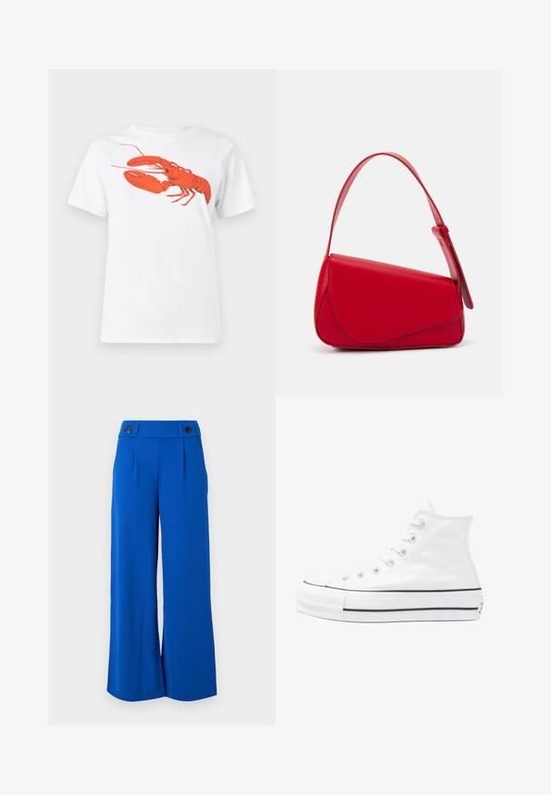 Camiseta de algodón blanca con un gran gráfico de langosta roja brillante en la parte frontal. Diseño de mangas cortas y cuello redondo estándar.; Pantalones de pierna ancha en tejido azul brillante, con una cinturilla entallada que presenta dos botones negros y pliegues frontales. Textura suave, sin patrones visibles.; Zapatilla de lona alta blanca con suela de goma negra, puntera de goma frontal y seis ojetes para los cordones, que presenta un diseño limpio y minimalista.; Bolso de cuero rojo con un diseño angular y geométrico. Cuenta con una única correa ajustable y un cierre de solapa con detalles de costura.