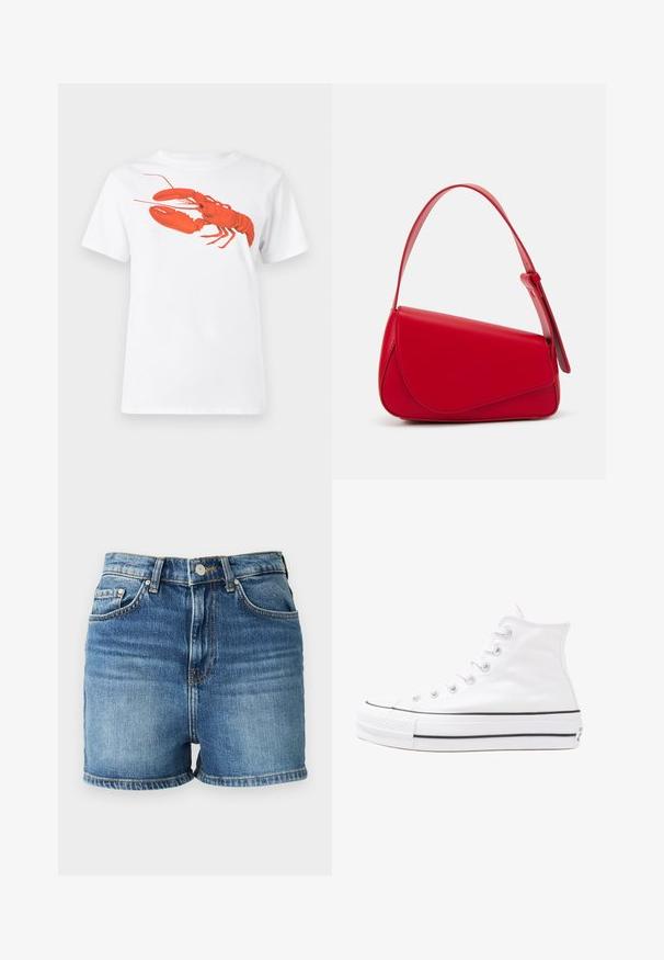 Balta medvilnė marškinėliai su dideliu, ryškiu raudonu omaru grafiku priekyje. Trumpomis rankovėmis ir standartiniu apvaliu kaklu.; Šviesiai mėlyni džinsiniai šortai, su aukštu liemeniu, penkiais kišenėmis ir šiek tiek nuskustais kraštais. Pagaminti iš medvilnės su lygiapaveiklė. ; Balti aukštakulniai drobės sportbačiai su juodu guminio pado, priekinio guminio piršto dangteliu ir šešiais akytėmis raištams, pasižymintys švariu, minimalistiniu dizainu.; Raudona odinė rankinė su kampuota, geometrine forma. Pasižymi viena reguliuojama dirželiu ir dangteliu su siuvinėtais dekoracijomis.