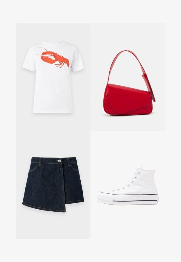 Hvit bomull t-skjorte med et stort, lyst rødt hummermotiv på fronten. Korte ermer og standard rund hals-design.; Denim skjørt med mørk vask, A-linjeform, frontknappåpning og subtile sømdetaljer. Har en sidevridningsdesign.; Hvit høy-skinn kanvas sneakers med svart gummisåle, gummitåhette foran og seks hull for snorer, med et rent, minimalistisk design.; Rød lærveske med en vinklet, geometrisk design. Har en enkelt justerbar stropp og en klaffelukking med sydd detaljer.