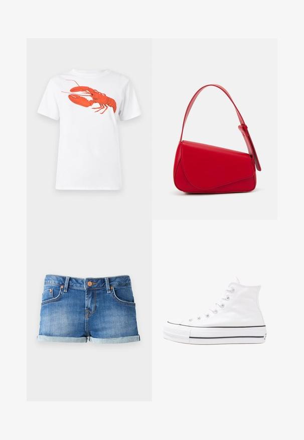 Bela bomba iz bombaža z velikim, svetlo rdečim grafikonom jastreba na sprednji strani. Kratki rokavi in standarden kroj s okroglim izrezom.; Denimske kratke hlače v modri barvi z zavihkom, ki imajo dva sprednja žepa, z gumbom za zapiranje in kontrastnimi šivanji.; Beli visoki platneni športni čevelj z črnim gumijastim podplatom, sprednjim gumijastim zaščitnikom za prste in šestimi luknjicami za vezalke, ki se ponaša s preprostim, minimalističnim dizajnom.; Rdeča usnjena torba z angularnim, geometrijskim dizajnom. Ima en samostoječ nastavljiv ročaj in pokrov, zaprt z zapiranjem, ki je okrašen s šivi.