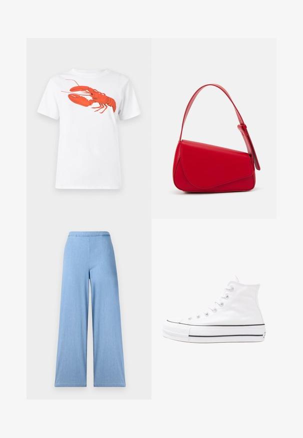 White cotton t-shirt featuring a large, bright red lobster graphic on the front. Short sleeves and standard crew neck design.; Light blue wide-leg jeans made of denim, featuring a high waist, smooth texture, and no visible pockets or embellishments on the front.; White high-top canvas sneaker with black rubber sole, front rubber toe cap, and six eyelets for laces, featuring a clean, minimalist design.; Red leather handbag with an angular, geometric design. Features a single adjustable strap and a flap closure with stitched detailing.