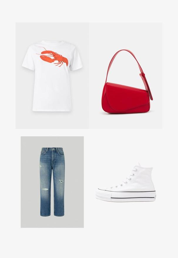 Valge puuvillane T-särk, mille ees on suur erkpunane homaarigraafika. Lühikesed varrukad ja tavaline ümar kaelus.; Sinine denimpüksid mugava lõikega, sisaldades kulunud plaastreid ja sirget jalalõiget. Klassikaline viie taskuga disain nupuga kinnitusega.; Valge kõrgem kangast tenniseking, millel on must kummist tald, ees kummist varvasetugi ja kuus aukku paelte jaoks, pakkudes puhta ja minimalistliku disaini.; Punane nahast käekott, millel on nurkadega geomeetriline disain. Omab ühte reguleeritavat rihma ja klappidega sulgemist, millel on õmblustega kaunistused.