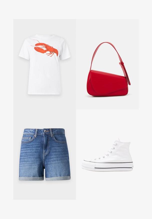 Hvit bomull t-skjorte med et stort, lyst rødt hummermotiv på fronten. Korte ermer og standard rund hals-design.; Denimshorts i falmet blå med oppbrettede kanter. Har glidelås, frontlommer og en subtil tekstur. Knapplukking i livet.; Hvit høy-skinn kanvas sneakers med svart gummisåle, gummitåhette foran og seks hull for snorer, med et rent, minimalistisk design.; Rød lærveske med en vinklet, geometrisk design. Har en enkelt justerbar stropp og en klaffelukking med sydd detaljer.