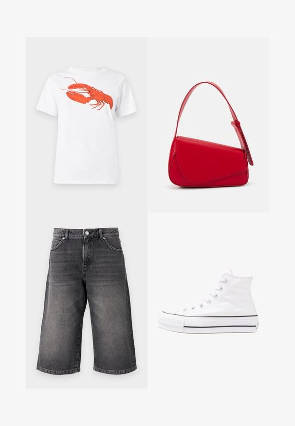 T-shirt bianca in cotone con una grande grafica di aragosta rossa brillante sul davanti. Maniche corte e design con colletto rotondo standard.; Shorts in denim nero, fit morbido con vita a media altezza. Presentano cinque tasche, un bottone in metallo per la chiusura e una texture scolorita per un aspetto usurato.; Sneaker alta in tela bianca con suola in gomma nera, punta in gomma frontale e sei asole per i lacci, caratterizzata da un design pulito e minimalista.; Borsa a tracolla in pelle rossa con un design angolare e geometrico. Presenta una singola tracolla regolabile e una chiusura a patta con dettagli cuciti.