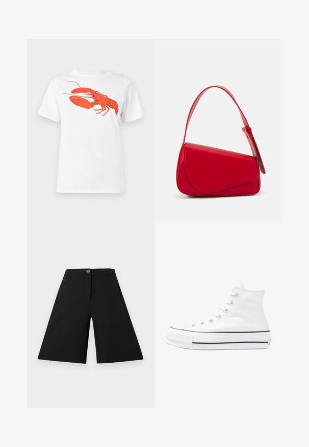 Valge puuvillane T-särk, mille ees on suur erkpunane homaarigraafika. Lühikesed varrukad ja tavaline ümar kaelus.; Mustad laiad püksid mustas värvitoonis, millel on sile tekstuur, esi nuppude sulgur ja puhtad jooned. Disainitud ilma taskuteta, et saavutada voolujooneline välimus.; Valge kõrgem kangast tenniseking, millel on must kummist tald, ees kummist varvasetugi ja kuus aukku paelte jaoks, pakkudes puhta ja minimalistliku disaini.; Punane nahast käekott, millel on nurkadega geomeetriline disain. Omab ühte reguleeritavat rihma ja klappidega sulgemist, millel on õmblustega kaunistused.