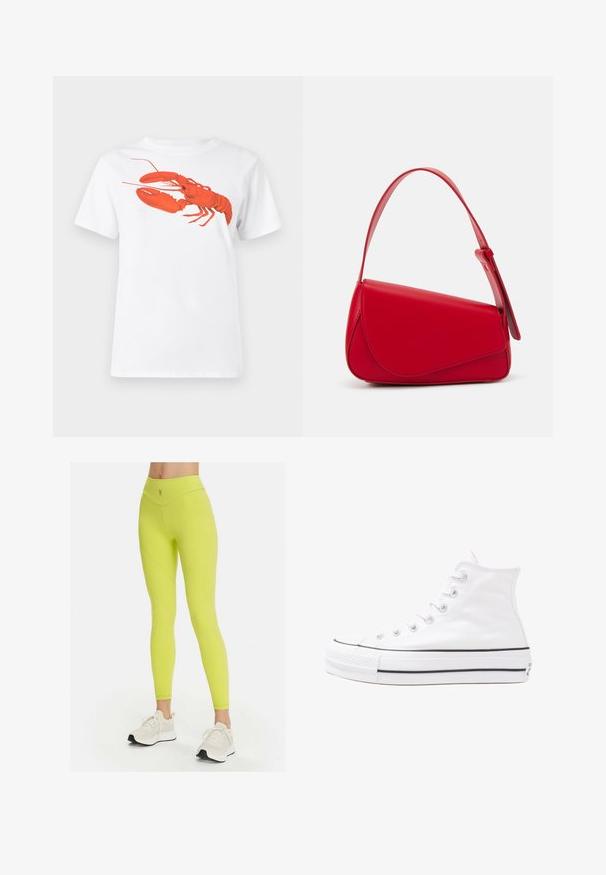 Balta medvilnė marškinėliai su dideliu, ryškiu raudonu omaru grafiku priekyje. Trumpomis rankovėmis ir standartiniu apvaliu kaklu.; Neon geltonos legginsai su aukštu liemeniu, lygia tekstūra ir išgaubtomis siūlėmis; juos puošia mažas logotipas liemenyje. Suderinti su baltais sportbačiais.; Balti aukštakulniai drobės sportbačiai su juodu guminio pado, priekinio guminio piršto dangteliu ir šešiais akytėmis raištams, pasižymintys švariu, minimalistiniu dizainu.; Raudona odinė rankinė su kampuota, geometrine forma. Pasižymi viena reguliuojama dirželiu ir dangteliu su siuvinėtais dekoracijomis.